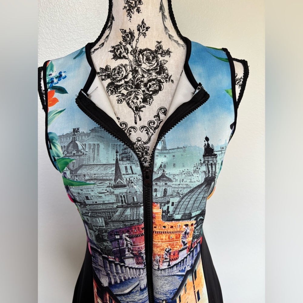 Just Love Multi-Color Scenic Print Midi Dress with Black Panels - Picture 9 of 15